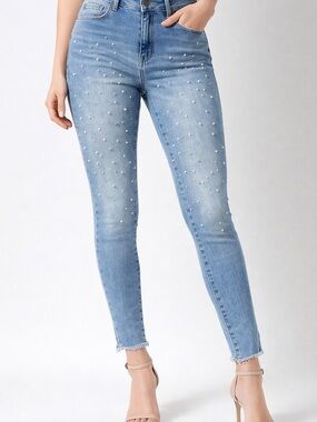 One5One Pearl Embellished Skinny Jeans Light Wash Size 12 Like New